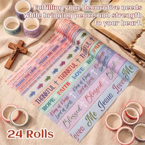 24 Rolls Christian Washi Tape Gifts, Pastel Religious, Multi-Size