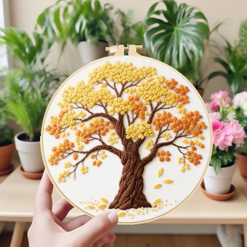 ORIGACH 5 Pcs Seasonal Tree Embroidery Kit for Beginners, Stamped Design Embroidery Starter Kit Includes Cloth, Hoops, Threads & Needles