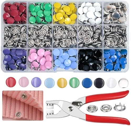 Minestylish 200 Sets Metal Snaps Buttons with Fastener Pliers Press Tool Kit Perfect for DIY Crafts Clothes Hats and Sewing, Snap Button Fasteners Kit for Clothing (Solid-Colorful / 800 PCS)