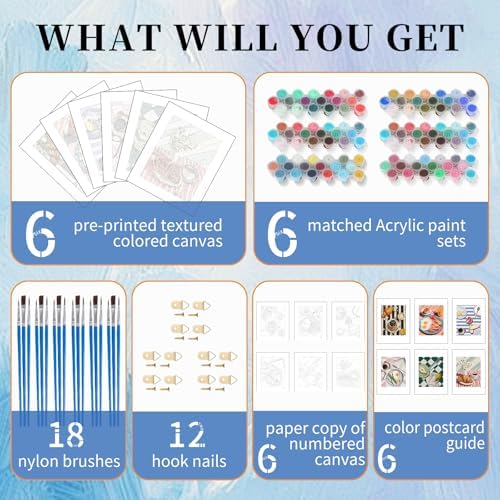 6 Pack Paint by Numbers Kit for Adults, Breakfast Painting, 8x10 Inch | DIY Adult Paint by Number Kits on Canvas for Beginners, without Frame, Kitchen Wall Decor, Stress Relief Craft Gift