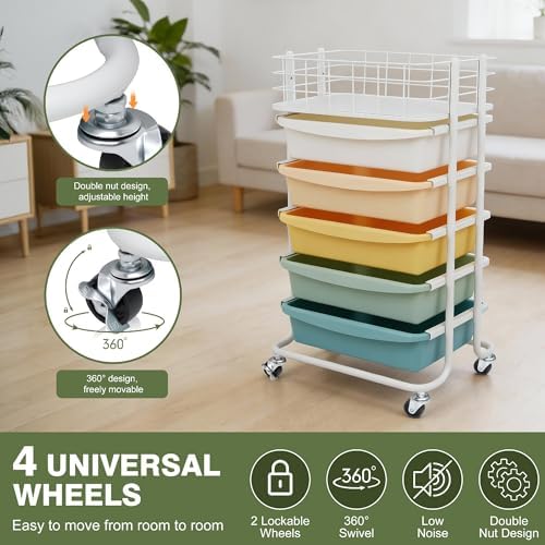 Rolling Storage Utility Cart Organizers with 5 Drawers and Metal Tabletop