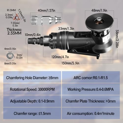 Pneumatic Chamfering Tool Handheld, Mini Air-Powered Chamfering Machine Trimming, 45° Arc Corner with 1/4 Inch Air Inlet for Metal Wood Beveling Deburring (R Angle Blades)