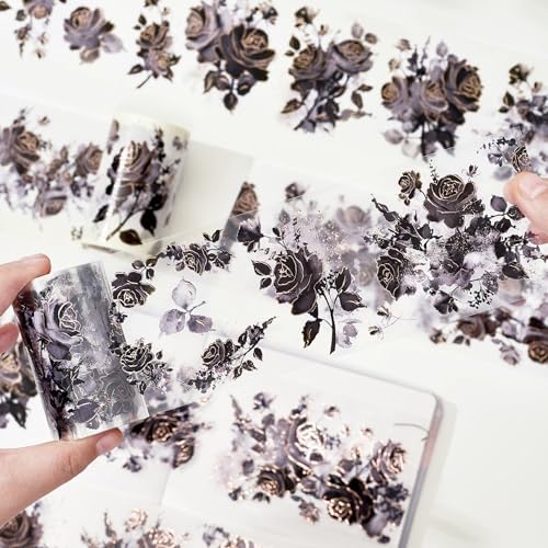 WT Rose Noir Wide PET Tape Gilded,Single Roll,Original Designs,Black Floral Decors,Transparent Clear Adhesive Tape,Gold Foil,Scrapbooks Junk Bujo Journals Planners DIY Crafts Supplies Gifts