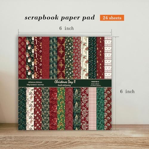 6-in Christmas Scrapbook Paper Pad, 24 Sheets Double Sided Red Green Pattern Decorative Decoupage for Junk Journals DIY Cards Making Folded Materials Photo Album Gift Wrapping Crafts