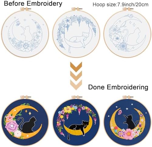 Louise Maelys 3 Set Cat Moon Embroidery Kit for Beginners Craft