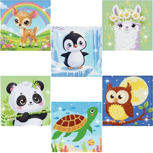 NANZHOO Diamond Art Kits for Kids, 6 Pack 5D Cartoon Diamond Painting Kits for Adults Beginner, Cute Animals DIY Big Gem Art Arts and Crafts for Kid Mosaic Kits for Gift Home Wall Decoration 6X6 inch