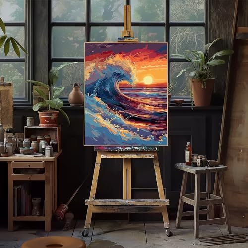 Natuyalo Paint by Numbers for Adults - DIY Adult Paint by Number Kits Painting on Canvas Sea Wave Painting by Numbers for Beginners, Sunset Seascape Art Craft Kits for Adults (16x20 Inch)