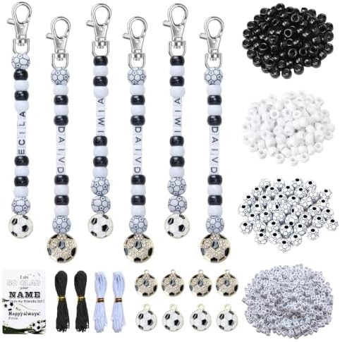 Tuhangcc 500 Pcs Soccer DIY Keychain Making Kit, Adjustable Letter Alphabet Beads Strings, 16 Charm Cards with Lobster Clasps & Strings for Sport Theme Party Favor Gift (Soccer)