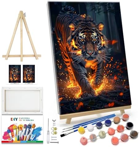 JOOZ Paint by Numbers Kit for Adults with Frame Tiger Paint by Number with Easel Animal Adult Paint by Number Kits on Canvas DIY Paint by Number for Adults for Gift Home Wall Decor 7.87x11.81 Inch