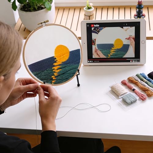 Armindou Hand Embroidery DIY Kits for Beginners Adults, Sea Sunrise Embroidery Set Needlepoint Kits, Stamped Cross Stitch Kits for Beginners Adults, 2 Embroidery Hoops, Fabric(Attached Video Tutorial)