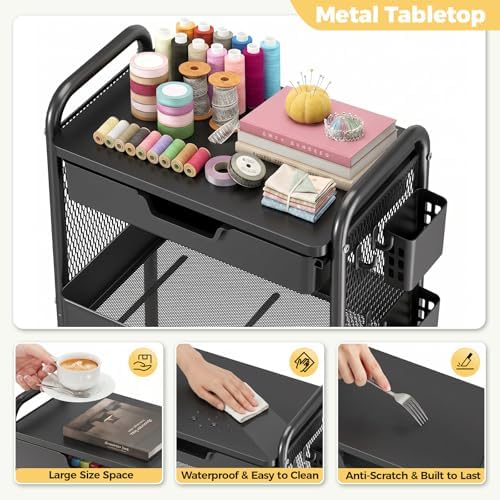 KINGBOARD 3 Tier Metal Rolling Cart with Drawer, Black Utility Storage Cart | 2 Cups & 4 Hooks, Lockable Wheels, Trolley Organizer for Bathroom, Kitchen, Office, Nursery, Dorm, Laundry, Craft Room