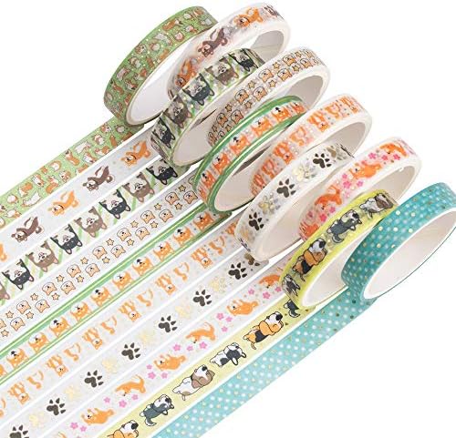 YUBBAEX 10 Rolls Sparkling Washi Tape Set 8mm Skinny Gold Foil Decorative Masking Washi Tapes for Journal,Scrapbook, Planner, DIY Crafts (Cartoon Doggy)