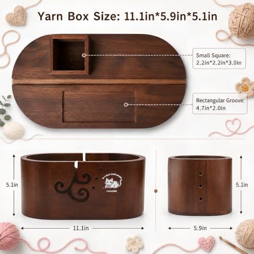 Oval Wood Yarn Bowl Set with Lid, Large Knitting & Crocheting Yarn Holder with 9 Metal Crochet Hooks & 10 Stitch Markers, Built-in Phone Stand, Yarn Storage Organizer for Crafters