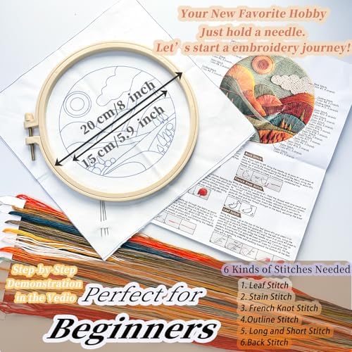 FONNUY Embroidery Kit for Beginners, Textured Vibrant Nature Landscape Pre-Stamped Pattern Kits for Adults with Hoop, Easy to Follow Color Thread Needlework, 8'' Hoop (Red 1)