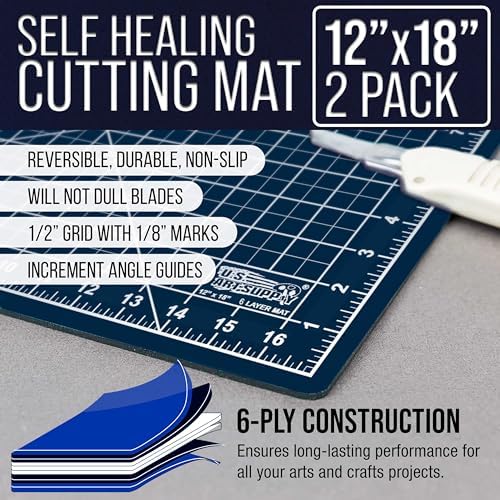 U.S. Art Supply 12"x18" Self-Healing Cutting Mat 5-Ply (2 Pack) White/Blue