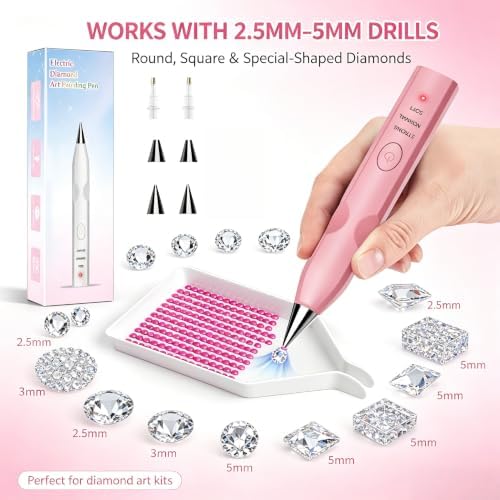 MKLAYB Electric Diamond Drawing Pen Kit, 3 Adjustable Suction Modes Rechargeable Vacuum Diamond Art Diamond Pen with 4 Replacement Heads, No Wax Required 5D Diamond Drawing Tool Accessories (Pink)