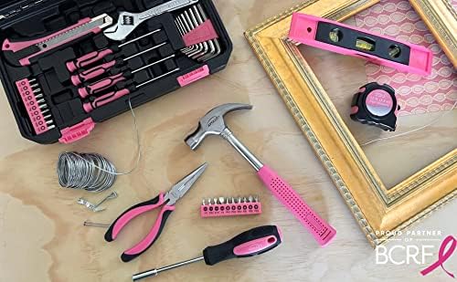 Apollo Tools 39 Piece General Household Tool Set in Toolbox Storage Case with Essential Hand Tools for Everyday Home Repairs, DIY and Crafts - Ribbon - Pink - DT9711P