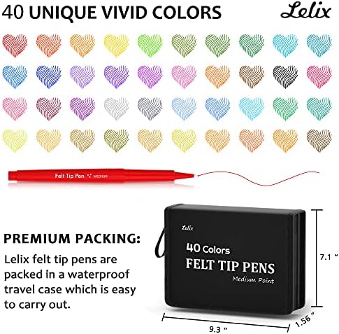 Lelix Felt Tip Pens, 40 Colored Pens with Case, Medium Point, Felt Tip Markers Pens for Journaling, Writing,Drawing, Note Taking, Planner, Perfect for Art Office and School Supplies