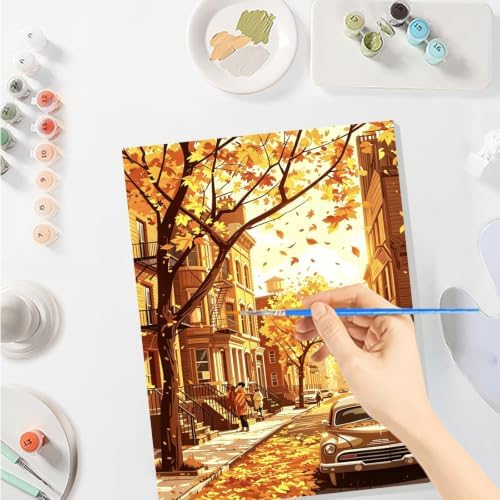 SENQAO City Paint by Numbers Kit for Adults Beginner, Fall City Street Adult Paint by Number Kits on Canvas, DIY Acrylic Oil Easy Painting by Numbers for Home Wall Decor 8X12 inch