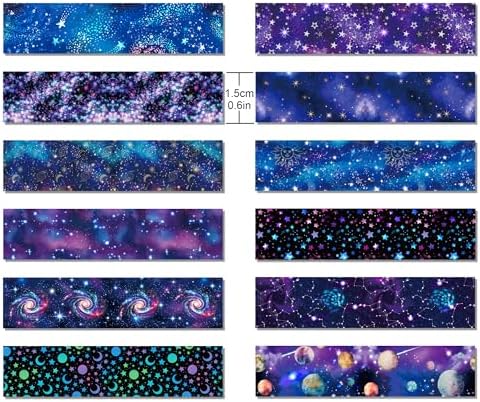 12 Pcs Starry Sky Washi Tape Set Starry Sky Galaxy Washi Tapes Space Themed Patterned Masking Tape Sets Starry Sky Decorative Paper Sticker for Scrapbook DIY Craft Gift Wrapping Handbook Sticker