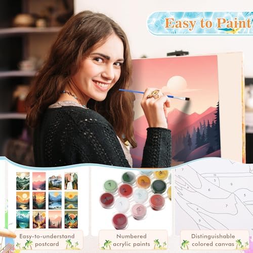 Humyoun 12 Pack 9 x 12 Inch Paint by Numbers Kit for Adults Beginners DIY Acrylic Oil Painting Paint by Number Kits Drawing Paintwork on Canvas Without Frame for Home Decor(Mountain Style)