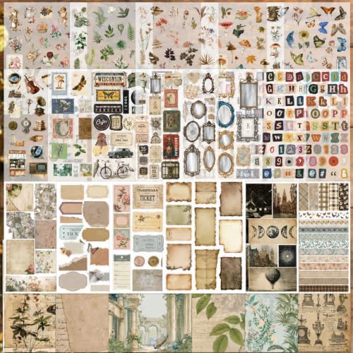 Scrapbook Supplies Kit, 24 Sheets 500+ Scrapbook Craft Paper & Vintage Stickers All-in-One Junk Journaling Set(Vintage)