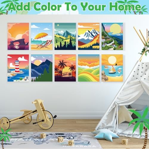 Blosssound 10 Set Pre Printed Canvas Pre Drawn Canvas Painting with Easel Kits 5" x 7" Outline Painting Panels for Beginners, DIY Craft Project, Home Decors(Summer)