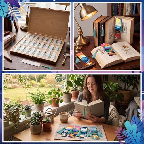 Kosiz 24 Pcs Mountain Paint by Number Kit for Adult Wood Bookmark | Mini Paint by Numbers Kit, Painting Decor, Tassels Blank Bookmarks, for Small DIY Craft Book Lovers Gift 7x2 ''