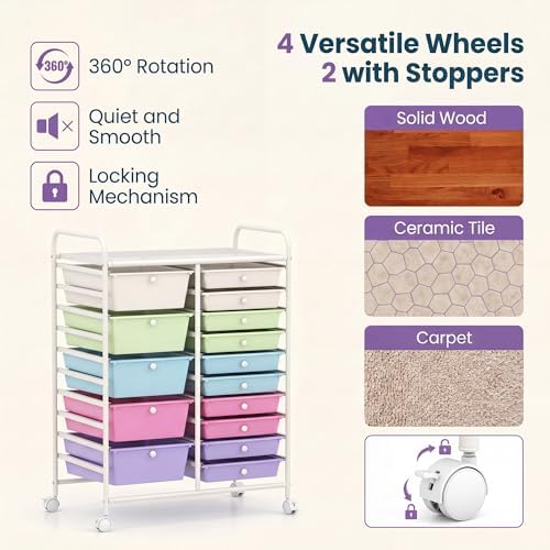 GOFLAME 15-Drawer Rolling Storage Cart, Craft Storage Cart with Removable Drawers & Lockable Wheels, Art Cart Supply Storage Organizer for Home Office Classroom, Ice Cream