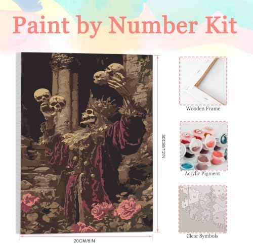 Auremi Paint by Number Kits with Framed Skeletons, DIY Horror Paint by Number Canvas for Adults, Easy Acrylic in Canvas with Brushes for Decor 20x30cm