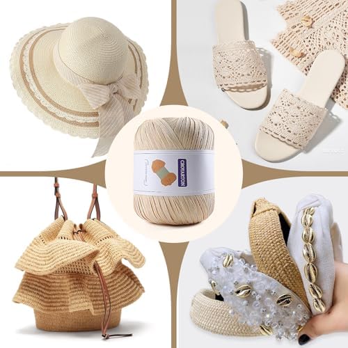Raffia Ribbon Yarn for Crochet, Grey Cotton Yarn for Crocheting Beach Hat