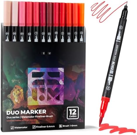 Red Duo Tip Marker Pens, 12 Fine & Brush Tip Pen For Adult Coloring Books