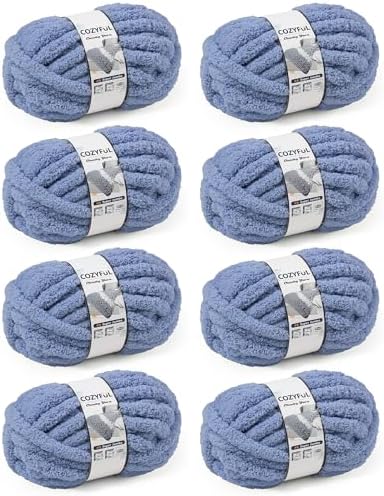 Cozyful Chunky Yarn for Hand Knitting, #9 Thick Jumbo Big Chunky Yarn for Crocheting, Super Chunky Knit Blanket Yarns, Large Chunky Chenille Yarns, 8 Pack (30 yds 8 oz Each Skein), Blue Gray