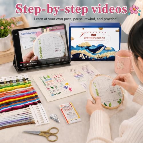 spicssa Beginner Embroidery Stitch Book Kit, 79 Stitches, Video Tutorials