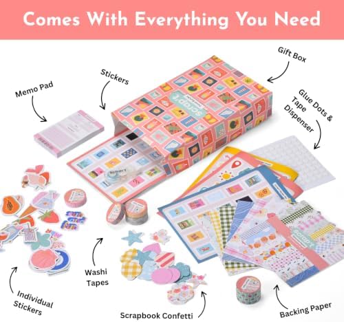 Travel Scrapbook & Junk Journal Supplies Kit – Travel Stickers, Scrapbook Paper, Washi Tape, Memo Pad, Embellishments, Glue Tape Runner & Glue Dots for Journaling & Memory Books (Travel)