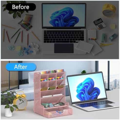 BOHDK Pen Organizer for Desk, Multi-Functional Desk Organizer, Wall Mount Pen Holder with Drawer for School, Office, Home, Art Supplies, Pink
