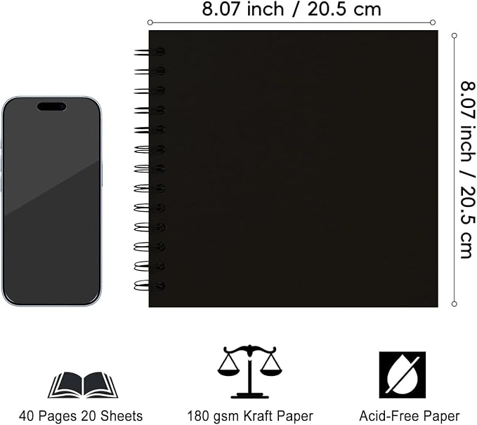 DIY Scrapbook Album 8x8 Inch, Hardcover Kraft Paper Scrap Book Photo Album, Blank Page Memory Scrap Book for DIY Crafts, Traveling, Wedding, Anniversary, Birthday, 40 Pages (20 Sheets), Black
