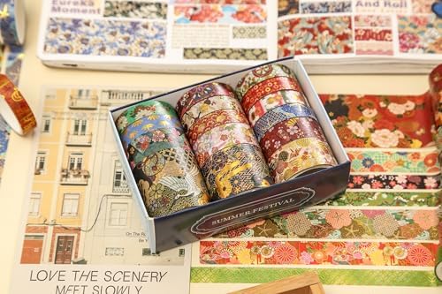 15 Rolls Japanese Sakura Washi Tape Set, Traditional Kimono Decorative Masking Tapes with Gold Foil, Cherry Blossom Arts for Craft, Scrapbook, DIY, Gift Wrapping (3-Autumn Bloom Banquet)