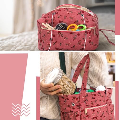 Bulyoou 2 Pcs Crochet Tote and Yarn Bag Set Corduroy Yarn Holder, Flower
