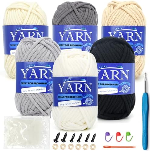 6 Pack Beginners Crochet Yarn Cotton Easy Yarn for Beginners Crocheting and Knitting with Easy to See Stitches Cotton Nylon Blend Yarn for Beginners Crochet Kit-Black White Series