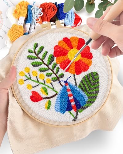 ERKOON Punch Needle Kit Adults Beginners, 2 Pcs DIY Easy Flower Embroidery Set for Starter Art Craft, Needling Punching Project with Patterns, Tools, Yarns, Hoop, Instruction (Safflower)