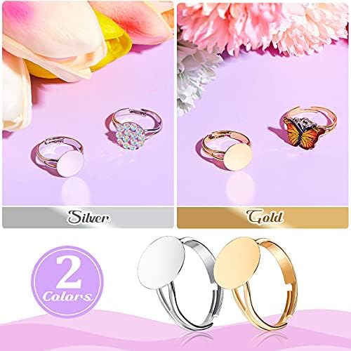 Herdear 40pcs Adjustable Blank Rings 12mm Base, Silver, Gold