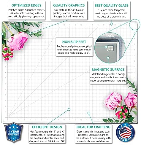 GLASSBOARD STUDIO Glass Craft Mat - Magnetic, Heat & Scratch Resistant - For Crafting, Cutting, Painting, Mixed Media Artwork - Grid Lines, Non-Slip Rubber Feet (Floral 24"L x 36"W)
