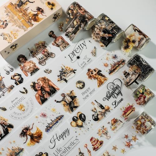 Retro Party PET Stickers washi Tape 6 Rolls, 453 pre-Cut Stickers for Scrapbooking, journaling, Card Making, Balloons, Cakes, Gentleman, Lady Patterns