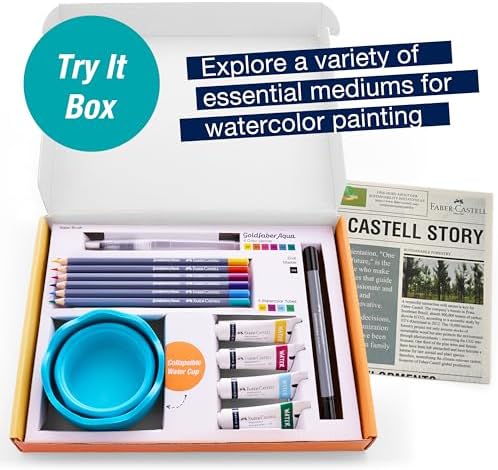 Faber-Castell Try It Box: Wet Mediums, 13 Piece Watercolor Art Set including Watercolor Pencils & Paint, Water Brush Pen and Paint Water Cup