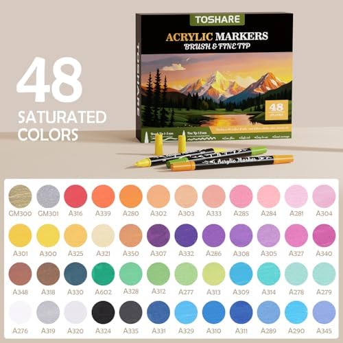 48 Colors Precision Dual Tip Acrylic Paint Markers Pens - Brush & Fine | Performs on Rock, Wood, Paper, Fabric, Egg, Scrapbook, Glass, Ceramic, Canvas, DIY Crafts Art Gift - School Supplies