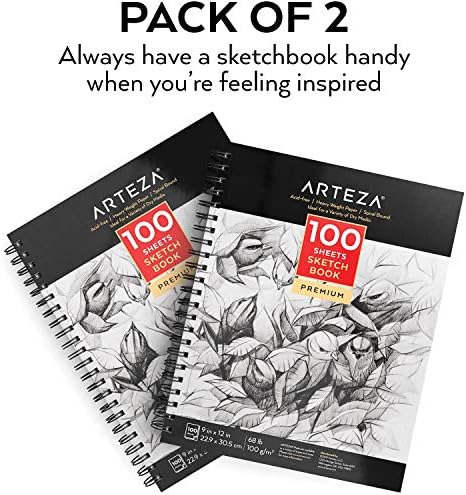 ARTEZA Sketch Book 2 Pack, 9x12 Inches, 200 Sheets of 68 lb Heavyweight Paper, Spiral Bound Drawing Pad with Perforated True-to-Size Pages for Sketching, Drawing, and Illustration