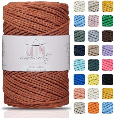 Makromecity, Cotton Macrame Cord 2mm x 195 Yards (590 feet) 2mm Recycled Cotton Crochet Yarn for Macrame Art & Crafts for Wall Hangings, Bags, Underplate, Rug (25 Colors Available) (Brick)