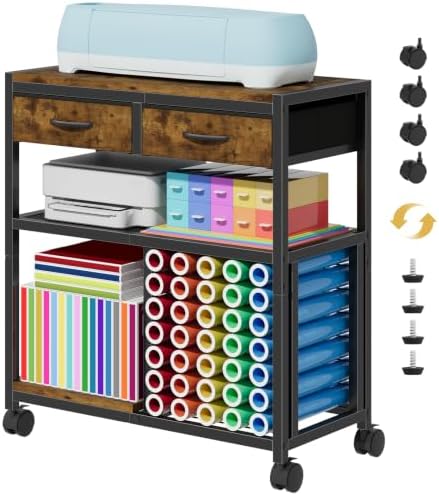 Craft Cart with 2 Fabric Drawers, Craft Organizer and Storage Stand Compatible with 35 Vinyl Roll Holders, Vinyl Roll Storage and Organization Holder
