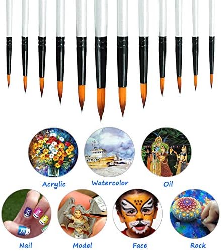 Acrylic Paint Brushes Set, 12pcs Professional Round-Pointed Tip Artist Paintbrushes for Acrylic Watercolor Oil Painting, Face Body Nail Art, Crafts, Canvas, Rock, Shoes, Miniature Model & Fine Detail